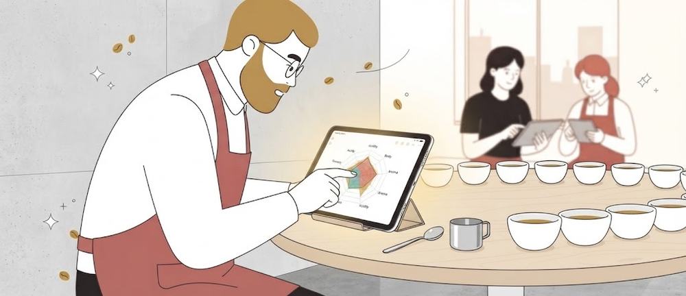 Tablet mostrando la telaraña de puntaje de una ficha de cata